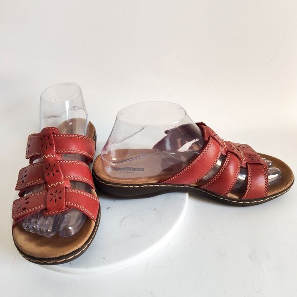 Clarks Sandals Size 7 Leisa Spring Slides Red Leather Slip On Comfort Flats - Picture 6 of 10
